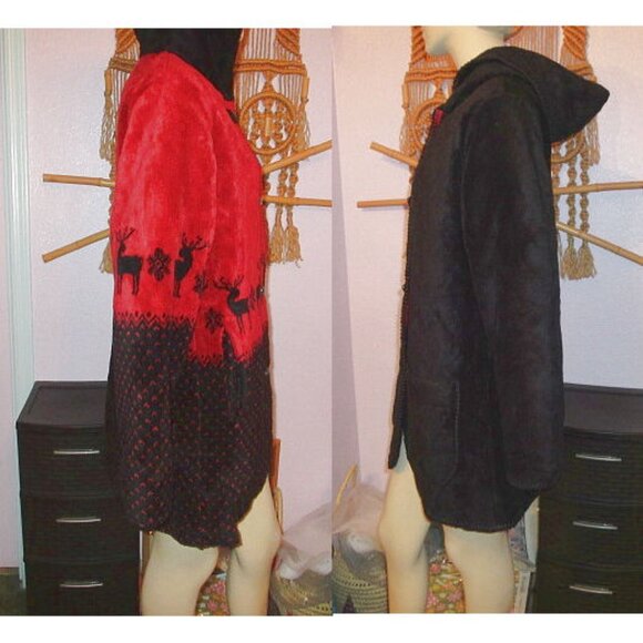 90s VTG Reversible Fleece Coat Size M High Pile Reindeer Toggle Hood Snowflakes - Picture 8 of 12